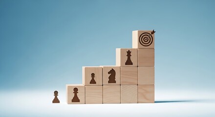 Wooden blocks arranged in a staircase formation, symbolizing career advancement and strategic planning towards achieving a target