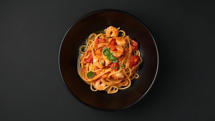 Top view of Linguine pasta with shrimp, tomato sauce, and basil served in a dark ceramic bowl on a black background, showcasing Italian gourmet cuisine.