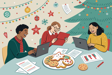 Dynamic Coworkers Preparing Year End Report While Eating Creative Visual