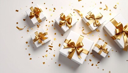 White gift boxes with gold ribbons and confetti