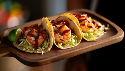 Three gourmet shrimp tacos with fresh cabbage and spicy sauce, served on a dark wooden cutting board. Mexican street food appetizer.