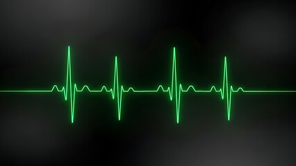 Neon green glowing heartbeat line on a dark medical monitor screen displaying vital life signs data