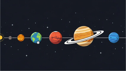 Whimsical illustration of our solar system featuring adorable, smiling planets aligned in order across a starry space background © Stock Image Zone