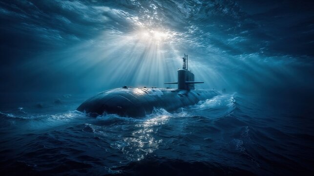 Submarine emerging from deep blue ocean with sun rays