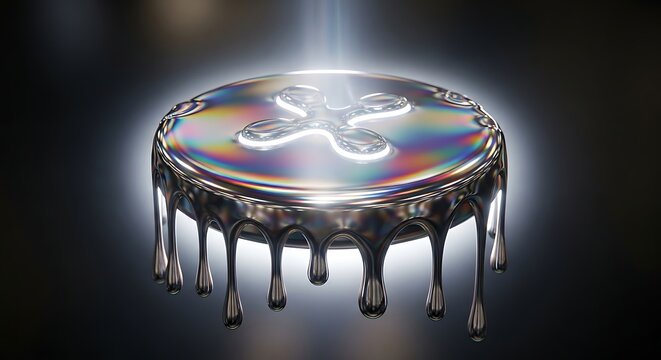 Abstract dripping liquid sphere with iridescent colors and a glowing light beam above