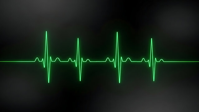 Neon green glowing heartbeat line on a dark medical monitor screen displaying vital life signs data