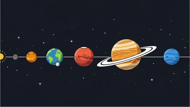 Whimsical illustration of our solar system featuring adorable, smiling planets aligned in order across a starry space background