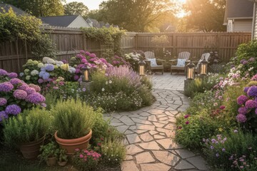 Backyard Garden Patio with Flower Beds
