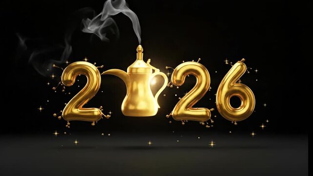 Golden 2026 numerals emerge with arabic coffee pot and rising steam. Celebration animation sequence building to sparkling starburst effect on black background.