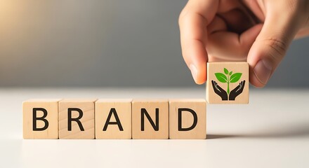 Hand placing wooden block with plant icon to complete the word brand on table, symbolizing ecofriendly and sustainable business practices