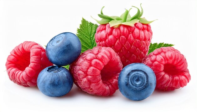 fresh raspberries and blueberries isolated on white background high resolution macro photo of colorful summer berries - Powered by Adobe