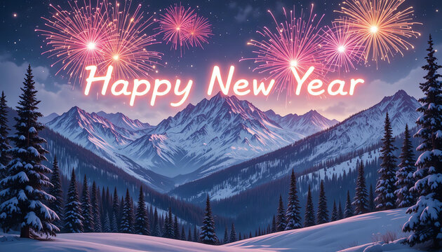 Winter theme: snowy mountains and pine trees, bright colorful fireworks above, glowing text “Happy New Year 2026”