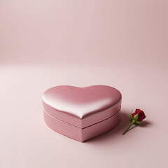 Pink heart-shaped gift box with rose on soft pink background  
