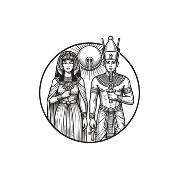 engraving style illustration of an Egyptian Pharaoh and Queen Cleopatra wearing royal headdresses and holding symbolic items