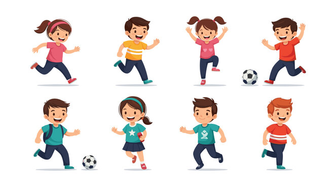 Diverse group of happy cartoon children, boys and girls, running, jumping, and playing with a soccer ball with joyful expressions.