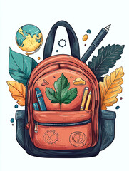 AI Generated - Backpack filled with school supplies such as pencils, leaves, and a globe, all isolated on a white background. Commercial illustration artwork. Illustration. High-resolution. High-res.