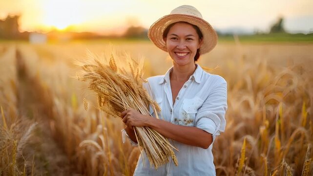 A woman in a straw hat stands in a wheat field during sunset, holding a bundle of wheat. The sun casts a warm, golden hue over the scene.
