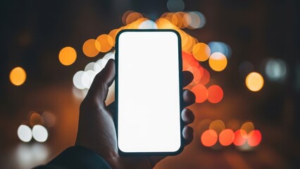 Hand holding blank screen smartphone at night with bokeh lights