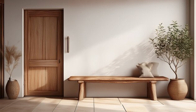 wooden rustic bench in scandinavian minimalist style interior design of modern entrance hall with door generative ai
