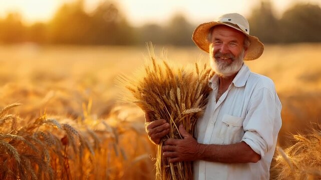 A man in a straw hat holds a bundle of wheat in a wheat field during sunset. The scene is bathed in warm hues of orange and yellow.