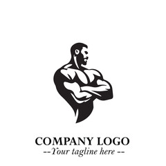 Man With Muscle Logo Symbol in Black on White Background for Strong Bold Fitness Branding Design Art