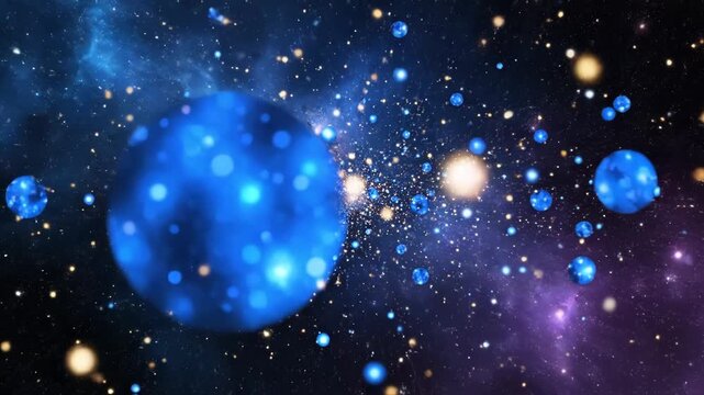Abstract visualization of the multiverse concept with glowing blue spheres representing parallel universes in deep space