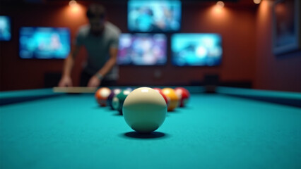 Cue ball in sharp focus—racked colors and blurred player evoke tension, precision, and the quiet thrill of the break.
