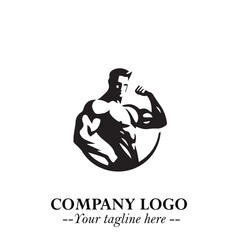 Man With Muscle Logo Symbol in Black on White Background for Strong Bold Fitness Branding Design Art