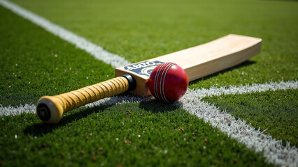 Cricket bat and ball rest on marked grass—yellow grip and red seam evoke readiness, tradition, and the quiet tension before play.
