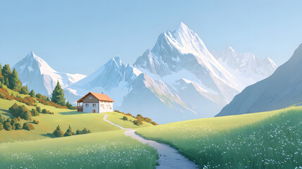 A picturesque alpine scene featuring a cozy rural cottage a winding dirt path through a lush green meadow dotted with wildflowers and a single cow all framed by grand