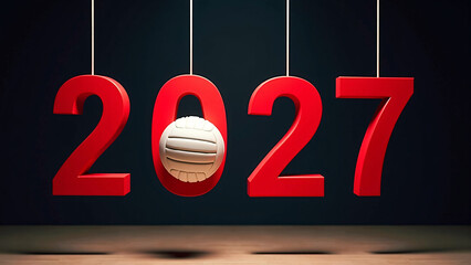 Volleyball replaces zero in 2027—suspended red digits and dark backdrop evoke sport, anticipation, and the bold elegance of a new year.
