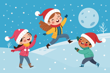 Stunning Children Playing Snow Christmas Hats High-Quality Stock Image