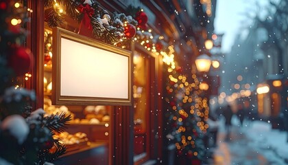3D Blank Signboard Mockup on Vintage Christmas Bakery Shop