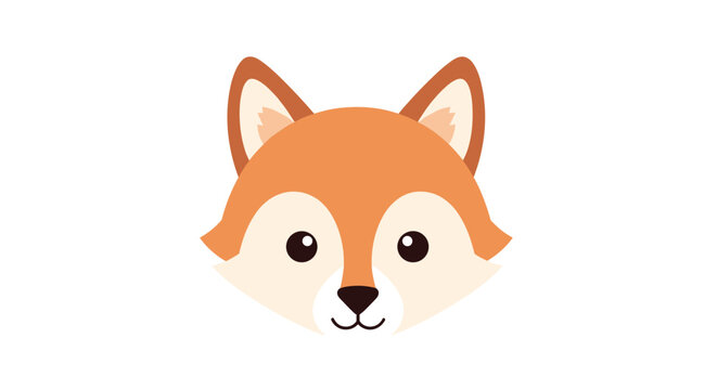 Simple and adorable flat illustration of a cute cartoon fox face with a friendly expression, isolated on a white background.