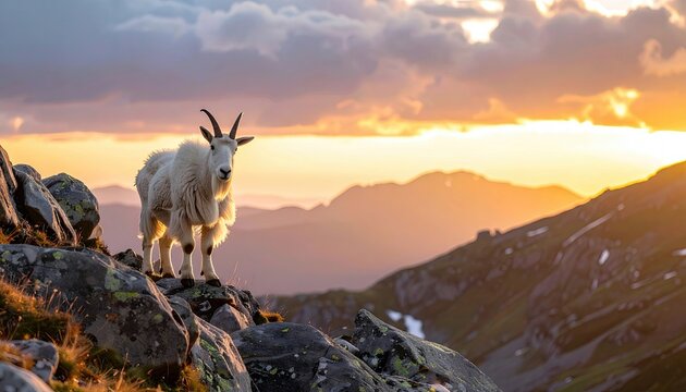 A majestic mountain goat stands on a rocky outcrop, silhouetted against a vibrant sunset over a mountain range. - Powered by Adobe