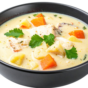 A rich and creamy peruvian fish chowder chupe de pescado in a rustic bowl highlighting its wholesome ingredients and isolated on a white background