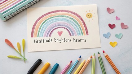 A rainbow sketch with gratitude message and art supplies