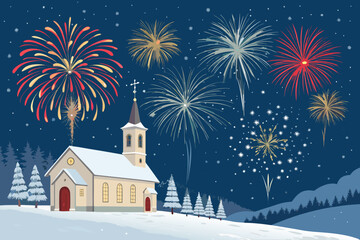 Christmas Fireworks Above Snowy Church Premium Digital Asset Suitable for Design