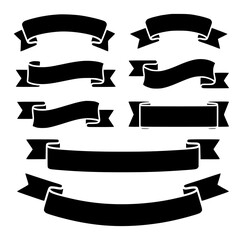 Collection of Black Silhouetted Ribbon Banners on White Background