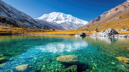 A beautiful landscape featuring a clear lake with visible rocks, surrounded by mountains and a snow-capped peak under a bright blue sky.