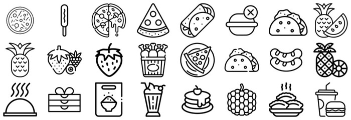 Collection of Food and Drink Icons Pizza, Tacos, Fruits, and Desserts