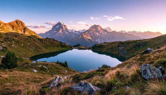 A serene mountain lake reflects the surrounding peaks under a colorful sunrise. The landscape features lush green hills, rocky outcrops, and a clear blue sky, b