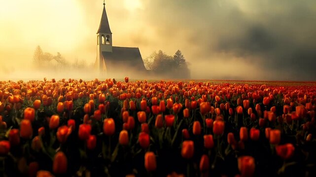 Aerial view of a field of red and orange tulips during sunset or sunrise, with a church silhouette in the background. The tulips are in full bloom.