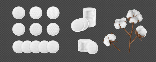 Cosmetic cotton pad disk with cotton plant, white soft round sponge discs different embossed surface textures vector set