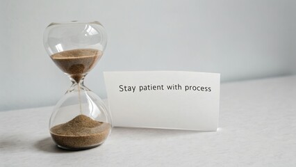 An hourglass with sand halfway through and a message of patience