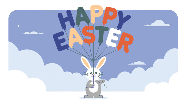 Cute cartoon bunny holding balloons that spell out happy easter against a cloudy sky background