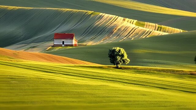 A vivid, sunlit landscape featuring a solitary house with a red roof and white walls, set against a backdrop of rolling hills.