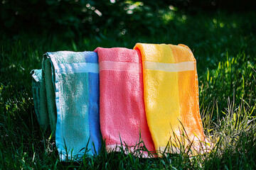 AI Generated - Three colorful towels sitting on top of a lush green field, with trees in the background. Professional stock photography. Stock photo. High-resolution. High-res. Premium quality.