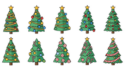 Collection of Decorated Christmas Trees with Ornaments and Lights