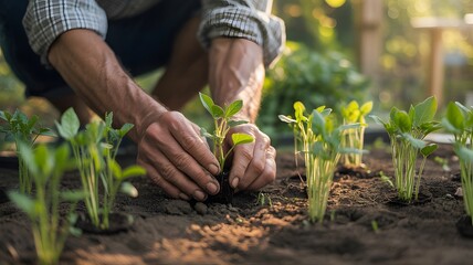 Close-up of hands planting young seedlings in fertile soil, gardening concept symbolizing growth, sustainability, and environmental care
